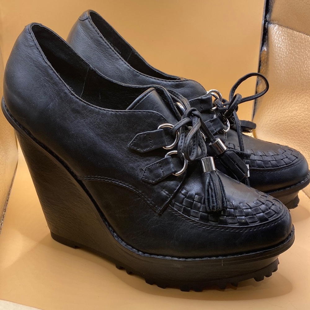 Aldo Wedge Black Leather High Heel Lace Up Women’s shoes